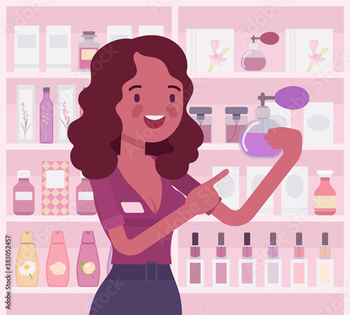 Perfume shop black female attractive employee, assistant. Smiling girl happy to help choosing, finding fragrance in store. Vector flat style cartoon illustration, beauty product display background
