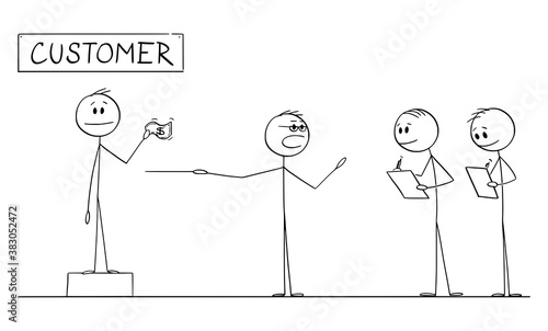 Vector cartoon stick figure drawing conceptual illustration of teacher or senior businessman teaching students or colleagues about needs of customer or client bringing money to business. Marketing