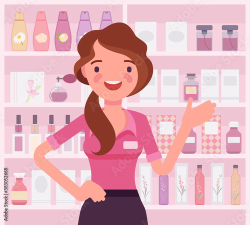 Perfume shop female attractive employee, assistant. Smiling girl happy to help choosing, finding fragrance in a store. Vector flat style cartoon illustration, beauty product shelf display background