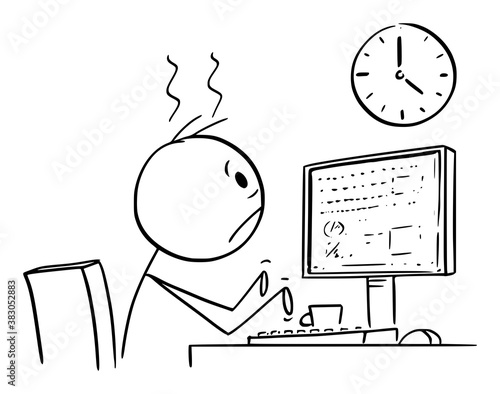 Vector cartoon stick figure drawing conceptual illustration of tired or frustrated office worker, man or businessman working on computer long overtime and watching wall clock.
