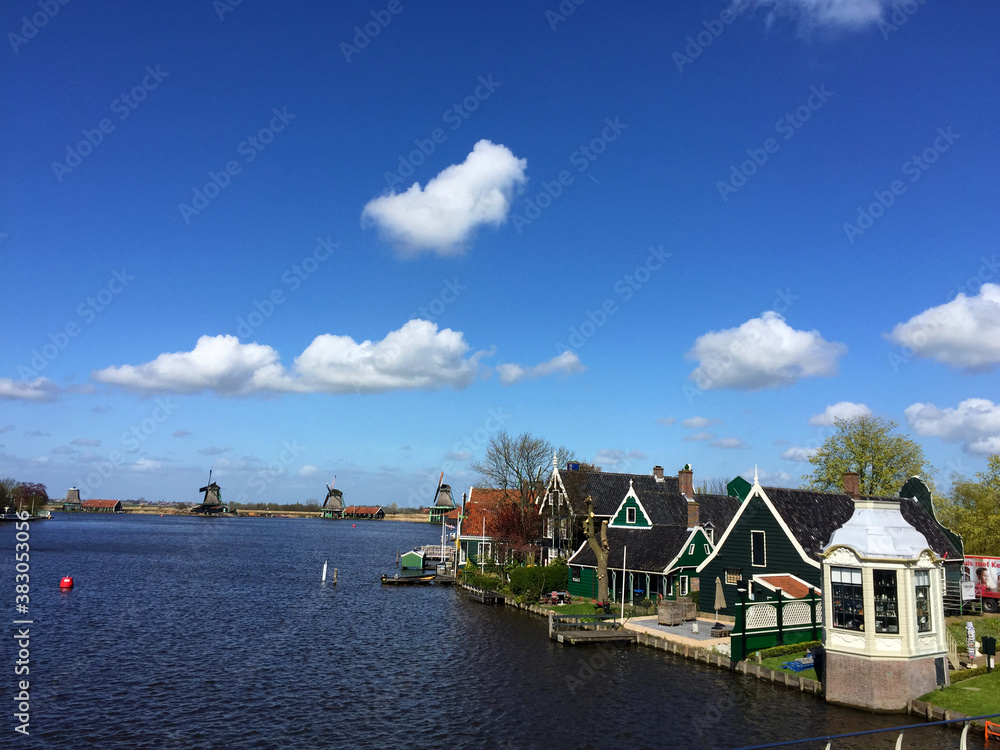 landscape of city view near sea coast at blue sky in Zaanse Schans, North Holland, Netherlands