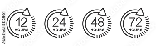 12, 24, 48 and 72 hours clock arrow. symbol work time, delivery and service time, isolated on white , vector icon Illustration