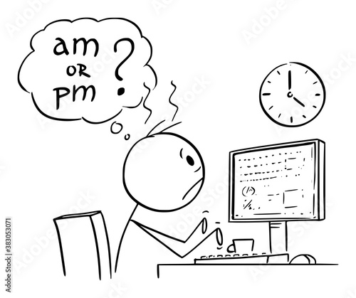 Vector cartoon stick figure drawing conceptual illustration of tired or frustrated office worker, man or businessman working on computer long overtime and watching wall clock. He is thinking if it's