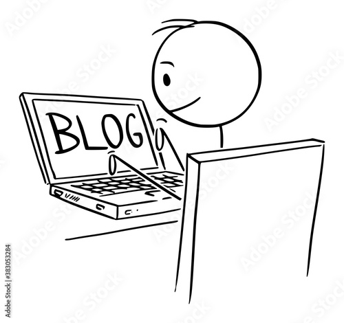 Vector cartoon stick figure drawing conceptual illustration of man or blogger typing or writing blog on computer laptop.