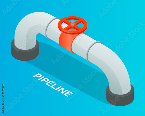 Oil petroleum industry. Pipeline, isometric industrial symbol. Oil, gas or water flowing through pipe. Pipeline construction with valve isolated. Industrial system. Valve for open or close flow