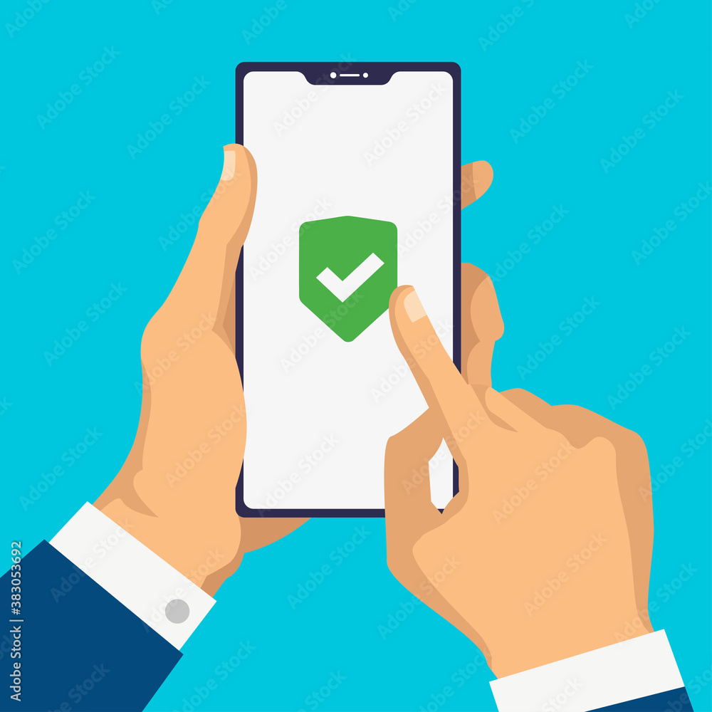 Green Shield on smartphone screen. Hand holds the smartphone and finger touches screen. Modern Flat design illustration. template Green Shield on smartphone screen. Hand holds the smartphone and finger touches screen. Modern Flat design illustration. template