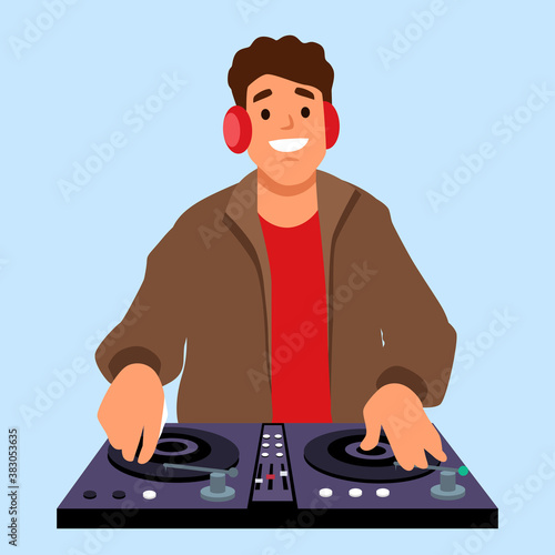 Modern Dj Vector. Playing Progressive Electro Music. Dj And Mixing Console. Night Club Concept. Flat Cartoon Illustration