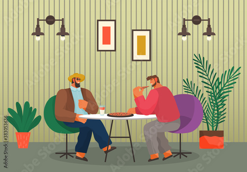 Eating people in cafe or restaurant, friends guys spend leisure time together eating pizza, workers spend leisure time in pizzeria, adult men communicating, talking sitting at table, weekends
