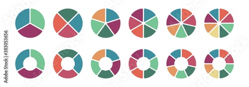 Pie chart icon set, ring percentage diagram collection,. Colorful diagram collection with ,3,4,5,6,7,8 sections and steps. Pie chart for data analysis, business presentation, UI, web design. Vector