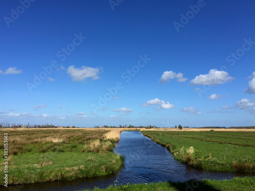 landscape with river and sky in Zaanse Schans, North Holland, Netherlands