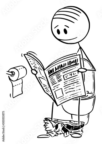Vector cartoon stick figure drawing conceptual illustration of man sitting on toilet bowl in restroom, lavatory or bathroom and reading newspapers.