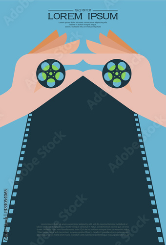 Hands holding film rolls on film strip background. Film festival template for banner, brochure, poster, advertising. Cinema background. Art design filmstrip with place for text. Movie time concept.