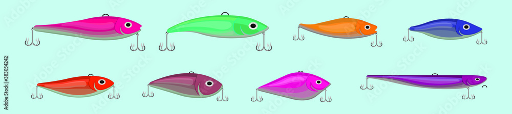 Set of fishing lure cartoon icon design template with various models. vector illustration isolated on blue background Set of fishing lure cartoon icon design template with various models. vector illustration isolated on blue background