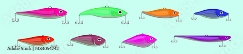 Set of fishing lure cartoon icon design template with various models. vector illustration isolated on blue background