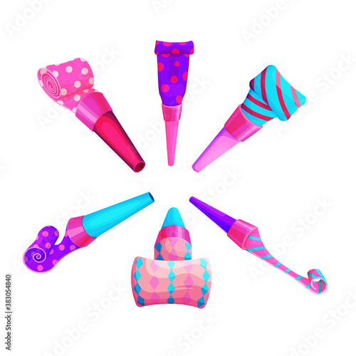 Baby birth party whistle accessory. Isolated clown blower. 3d blowout isolated vector illustration. Carnival popper object. Plastic roll buzzer.