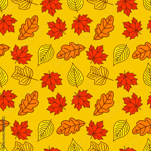 Seamless pattern with Maple, Oak, Linden and Tulip poplar autumn leaves. Vector illustration