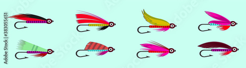 Set of fly fishing flies cartoon icon design template with various models. vector illustration isolated on blue background