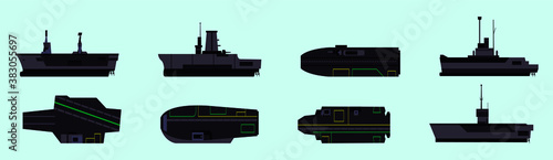 Set of aircraft carrier cartoon icon design template with various models. vector illustration isolated on blue background