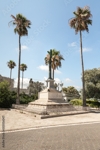 The statue of the Virgin Mary with a baby in her arms stands on a high pedestal opposite the Stella Maris Monastery which is located on Mount Carmel in Haifa city in northern Israel
