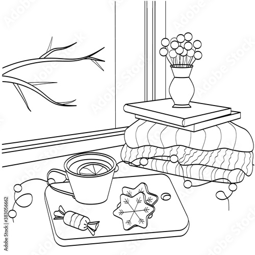 A Cup of tea and cookies on the windowsill. Black outline, silhouette, sketch of a winter still life. Cute vector illustration for coloring pages
