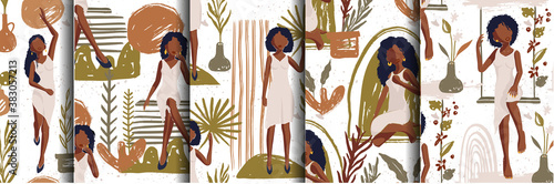 African American Pretty Girl Seamless Vector Pattern Set. Hand Drawn Textured Illustration of Black Woman. Fashion Background Collection on White.
