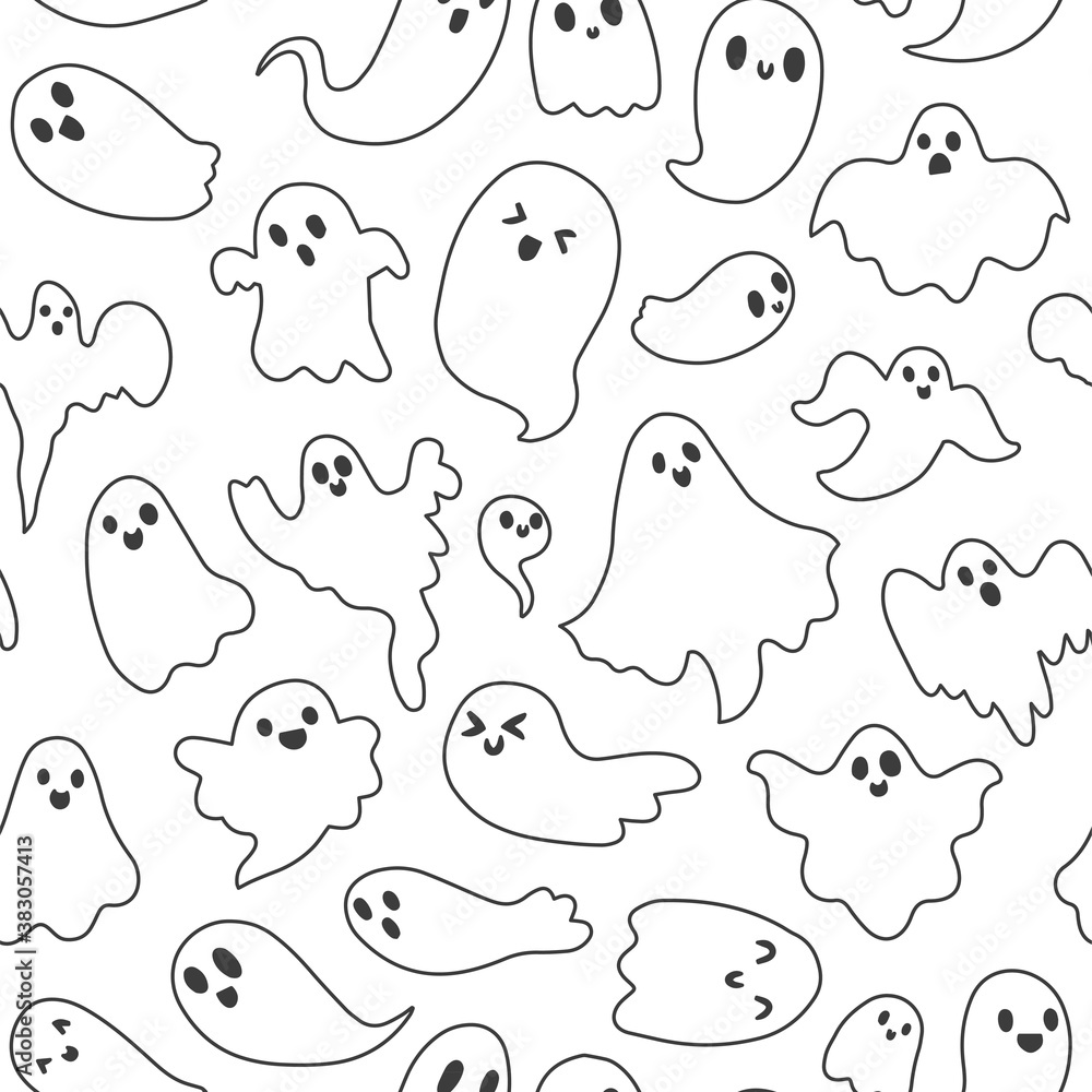 Doodle cute ghosts Haloween seamless pattern. Background with simple spooky character or scary ghostly monsters. 