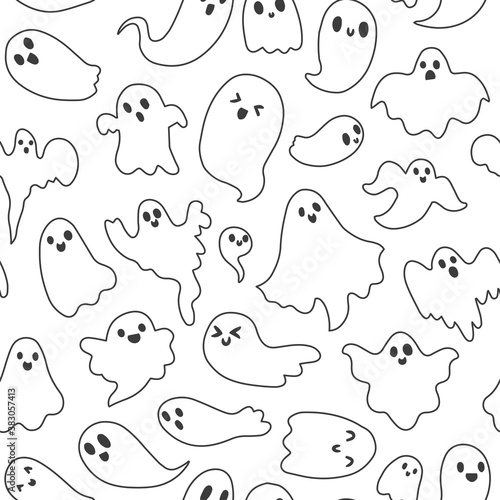 Doodle cute ghosts Haloween seamless pattern. Background with simple spooky character or scary ghostly monsters. 