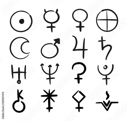Black icon of planet in astrology. Vector illustration with sign Mars, Venus, Mercury, Moon, Sun, Jupiter, Saturn, Pluto, Uranus, Neptune, Vesta, Pallas, Juno, Chiron, Ceres