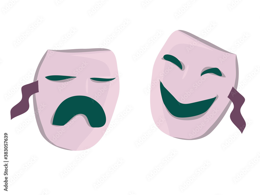 theatrical masks of comedy and tragedy, classical theater. emotions of masks: sadness, anger and joy, fun. doodle isolates. vector theatrical masks of comedy and tragedy, classical theater. emotions of masks: sadness, anger and joy, fun. doodle isolates. vector