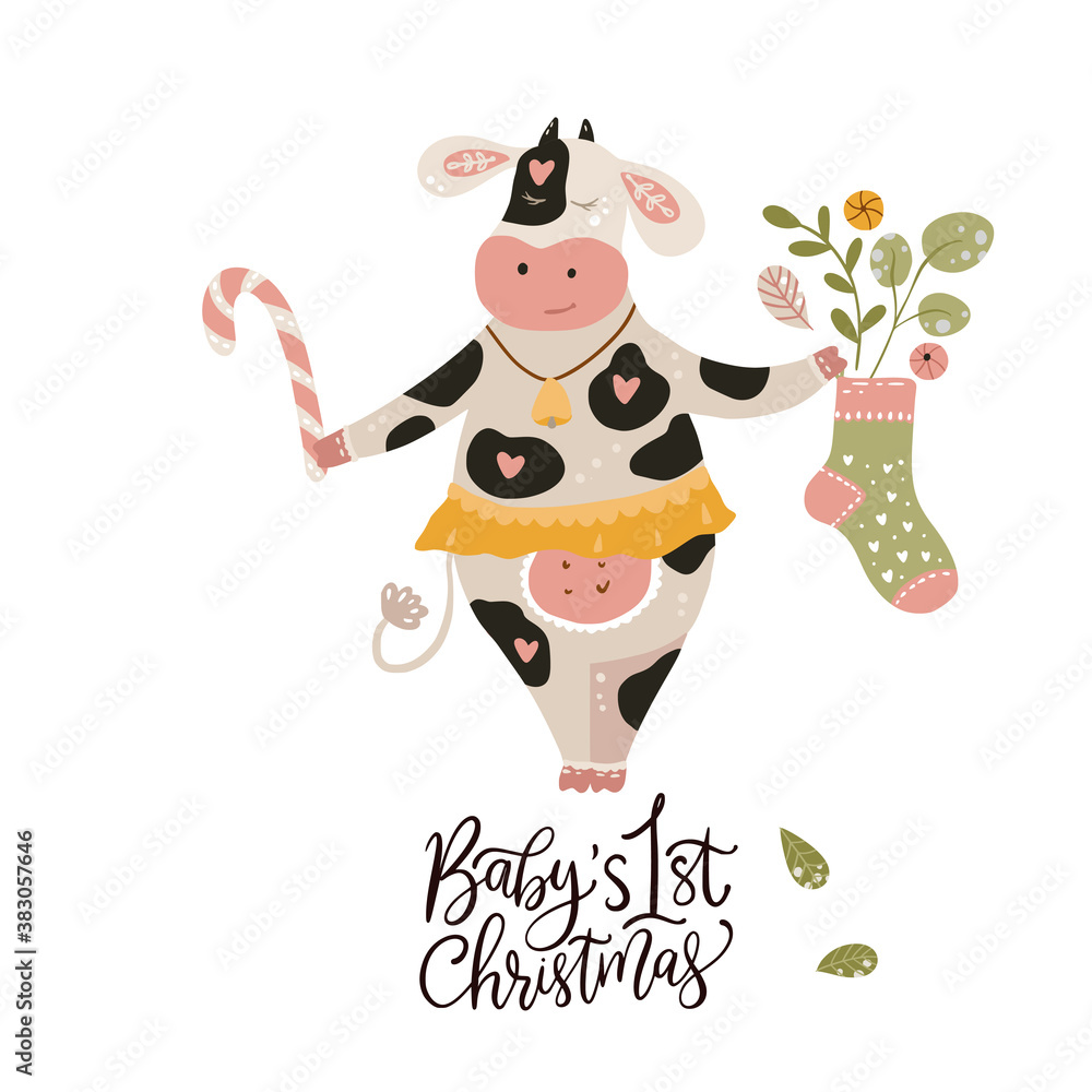 Naklejka premium Christmas cute cartoon cow. Vector poster with hand drawn lettering - Baby first Christmas. Greeting card and apparel print on white. New Year 2021.