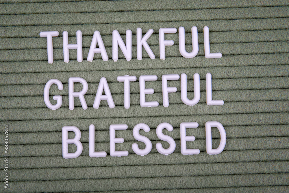 THANKFUL, GRATEFUL and BLESSED. White letters of the alphabet on a green background
