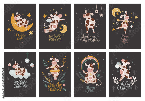 Christmas cow cartoon vector card banner set. Greeting New Year poster collection with hand drawn lettering quote. Kid Xmas farm print postcards. Winter farm animal drawing in a flat style.