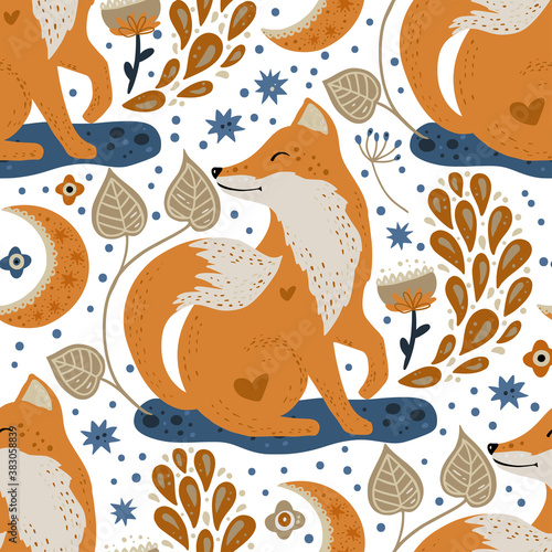 Nordic scandinavian fox animal seamless vector folk sitting among flowers pattern. Ornate woodland detailed textured cartoon wallpaper on a white background.