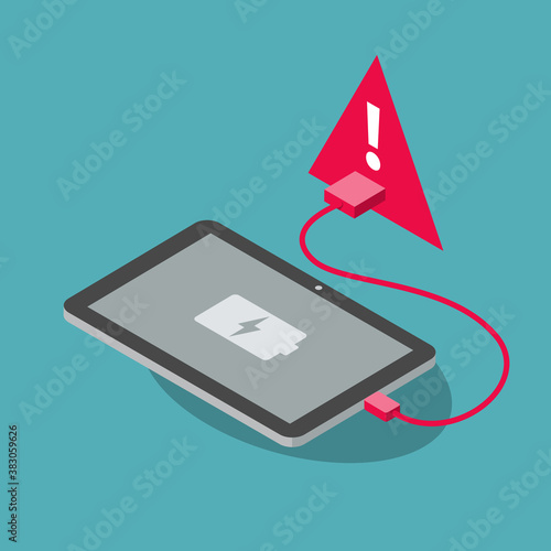 Juice jacking attack symbol with a tablet and a red USB charging port, isolated on blue background. Flat design, easy to use for your website or presentation.
