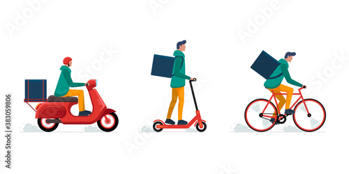 Express delivery courier service concept set. Online fast logistic male on bicycle or electric scooter moped with orders parcel box. Vector flat illustration