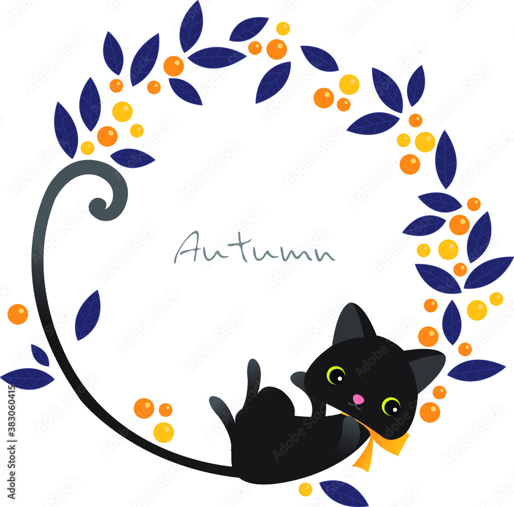 Black cat long tail with Halloween berry plant wreath vector for decoration on Autumn season and Thanksgiving festival events. 