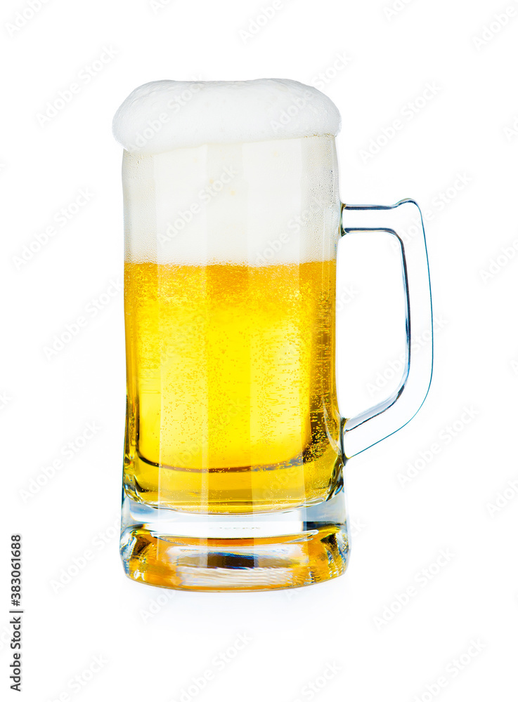 Mug of beer with froth foam on glass isolated on white background food drink object design Mug of beer with froth foam on glass isolated on white background food drink object design