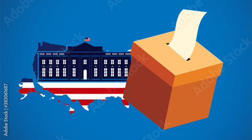 Presidential election in United States banner.Voting paper in ballot box on America map background.US Presidential election campaign poster.Usa debate of president voting concepts.Vector illustration.