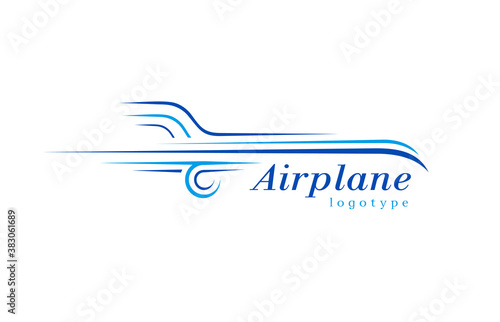 Airplane logo lines style plane silhouette white color blue background