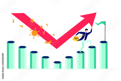 Economic V shape recovery after Coronavirus COVID-19 crash concept, businessman professional analyse world economic, business will recover and restore with v shape graph and chart with virus pathogen