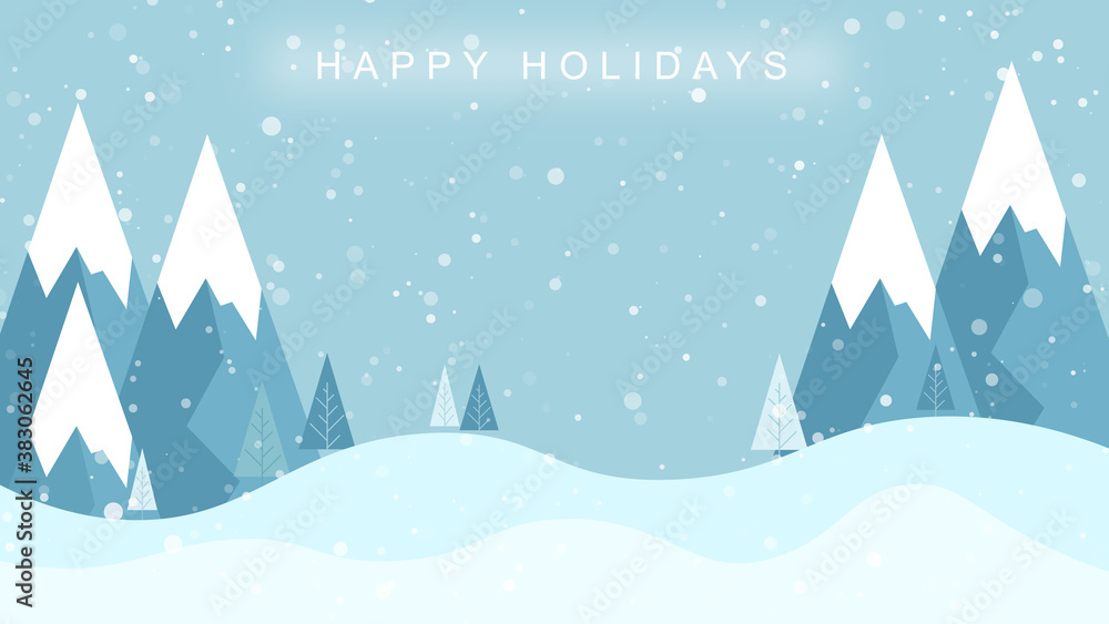 Winter snowy landscape with pines , mountains and snowfall . Happy Holidays and Christmas background . Vector illustration .