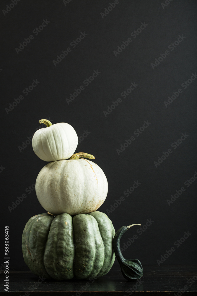 Pumpkins and gourds on a black table with black background Stock Photo ...