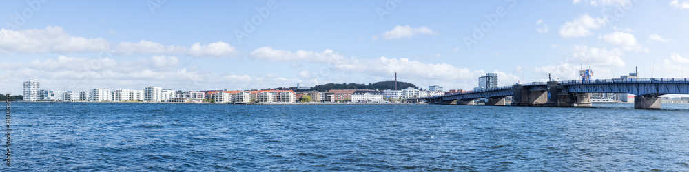 Panorama of Nørresundby waterfront with Limfjord bridge