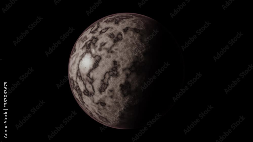 Animated spinning planet or moon with craters or rough terrain and dry lands or surface covered in dust. With slightly glowing or emitting reddish atmosphere as if some toxic gases. Illuminated half. Animated spinning planet or moon with craters or rough terrain and dry lands or surface covered in dust. With slightly glowing or emitting reddish atmosphere as if some toxic gases. Illuminated half.