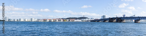 Panorama of N  rresundby waterfront with Limfjord bridge