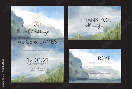 wedding invitation cards with pine forest landscape watercolor 