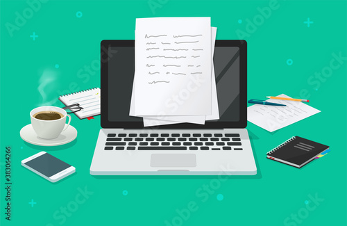 Writing text content creating vector on education working desk table online via computer laptop, creating essay document, journalism workplace illustration, author or editor desktop with glasses