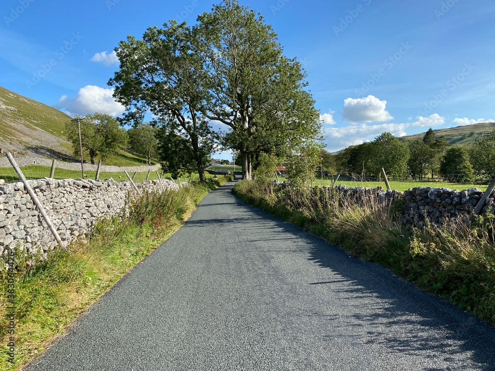 Country road, with dry stone walls, grass verges, and old trees, leading to, Arncliffe, Skipton, UK Country road, with dry stone walls, grass verges, and old trees, leading to, Arncliffe, Skipton, UK