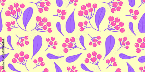Floral seamless pattern with panicles of berries. Colorful repeating background with plant. Design for wallpaper, textiles, wrapping paper, cover notebook, header. Vector illustration, eps10