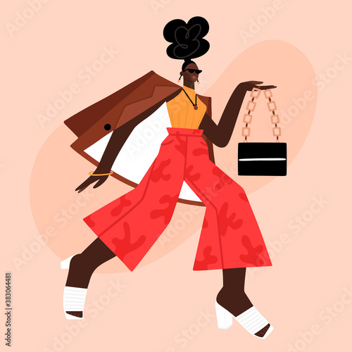African American photo model at fashion show or photo shoot. Street style. Beautiful girl in fashionable clothes. Character design. Fashionista. Woman in red trousers, jacket and mules. Vector